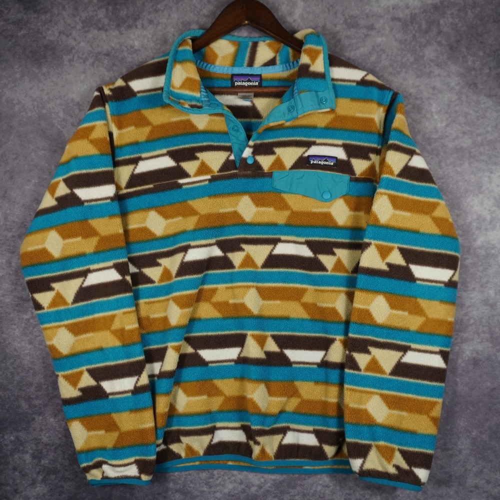 Patagonia Synchilla Women's Large Snap Pocket Aztec Fleece Tan Blue Geometric